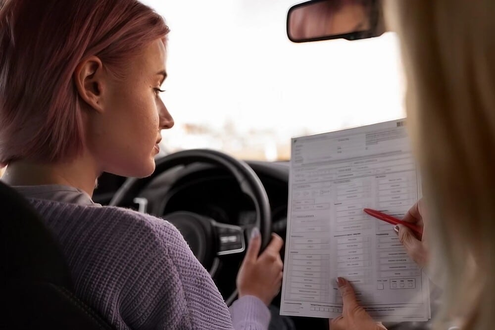 mujer tomando su prueba practica de conducir