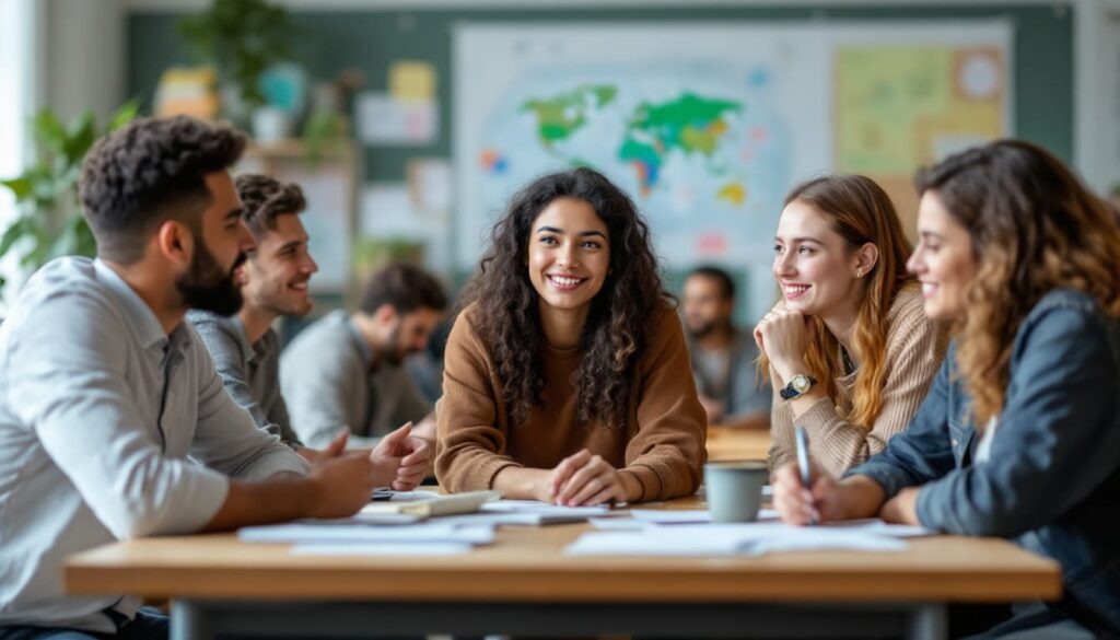 grupo estudiantes trabajo equipo sonriendo clase