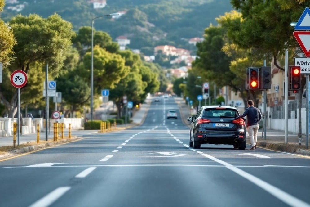 carretera urbana con senales de trafico y vehiculos en circulacion
