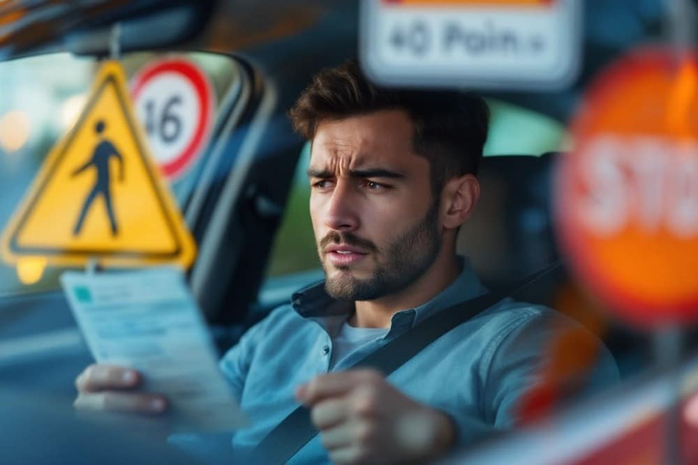 conductor sosteniendo senal de trafico dentro del coche en ciudad