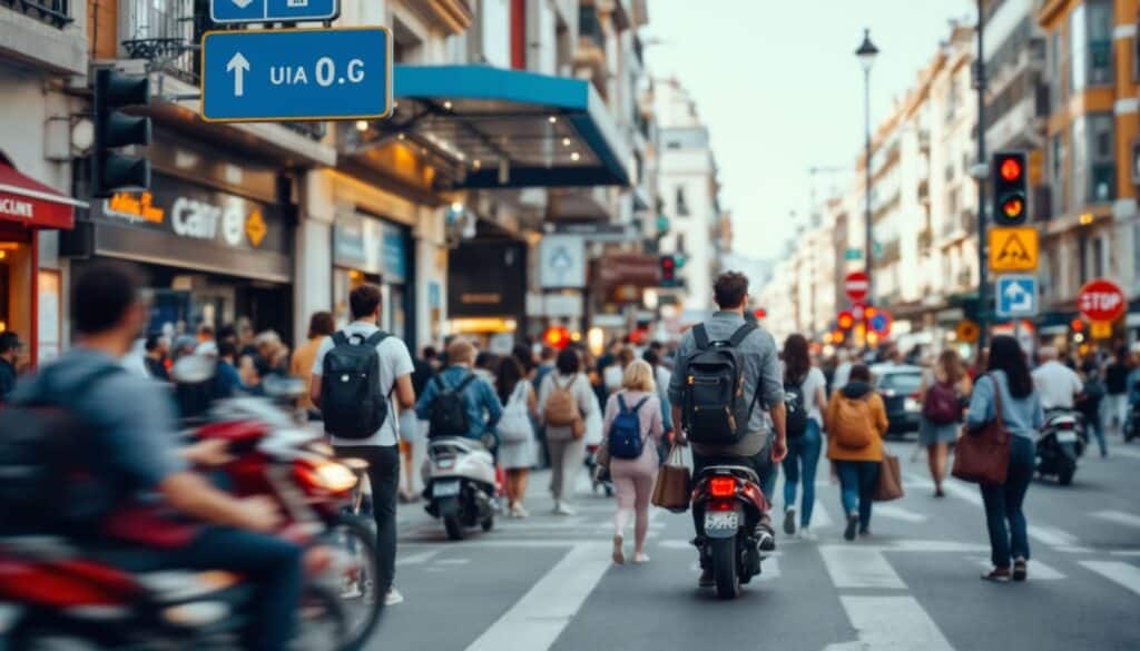 cruce de calles con personas y vehiculos en ciudad moderna al atardecer