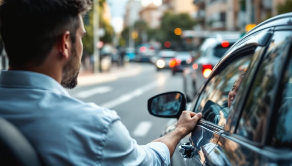 hombre abriendo la puerta de un coche estacionado en la calle