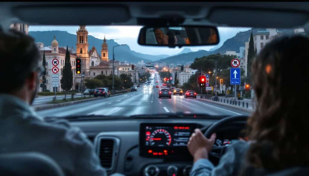 interior de coche conductor y copiloto manejando de noche en la ciudad
