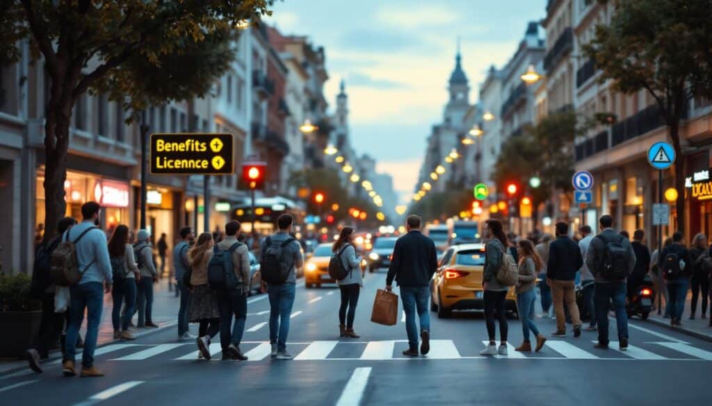 peatones cruzando calle en avenida cen trica con señales luminosas