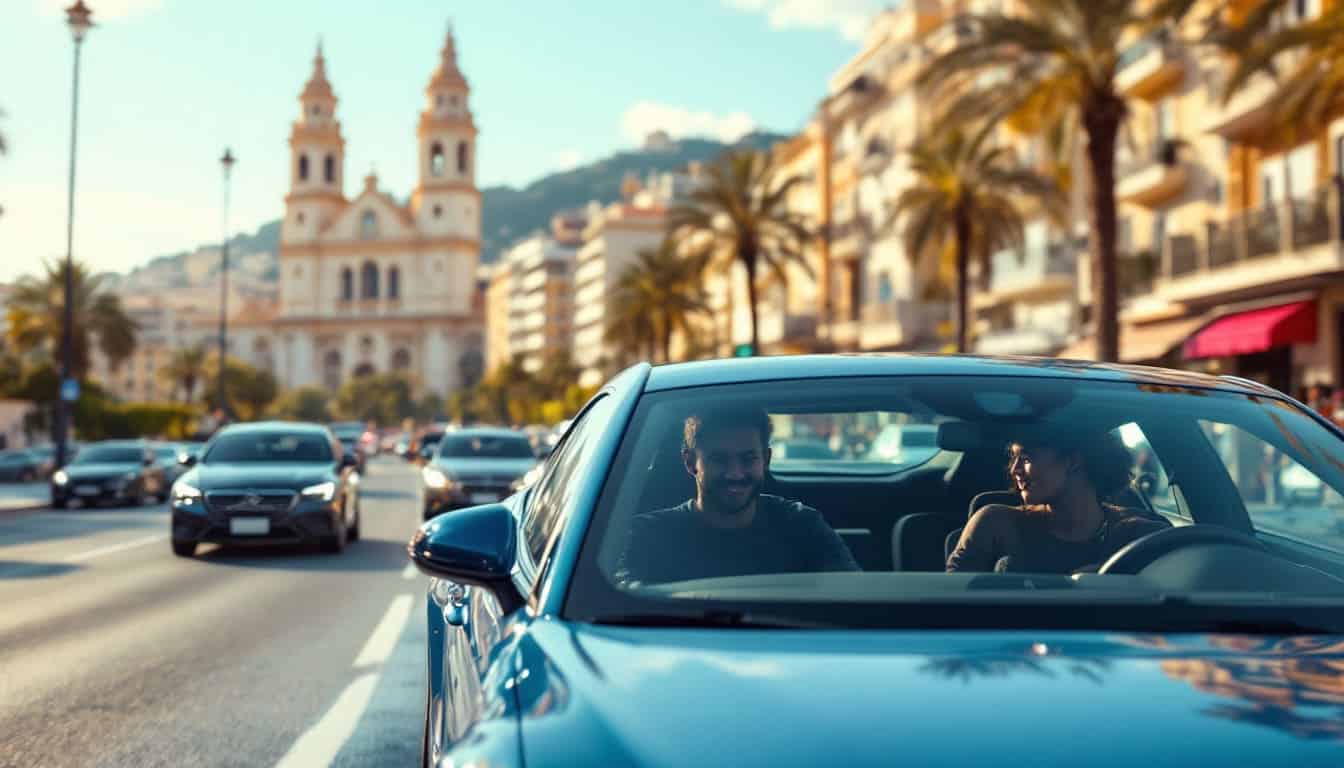 grupo de jovenes conduciendo coche en calle urbana con ambientacion de ciudad