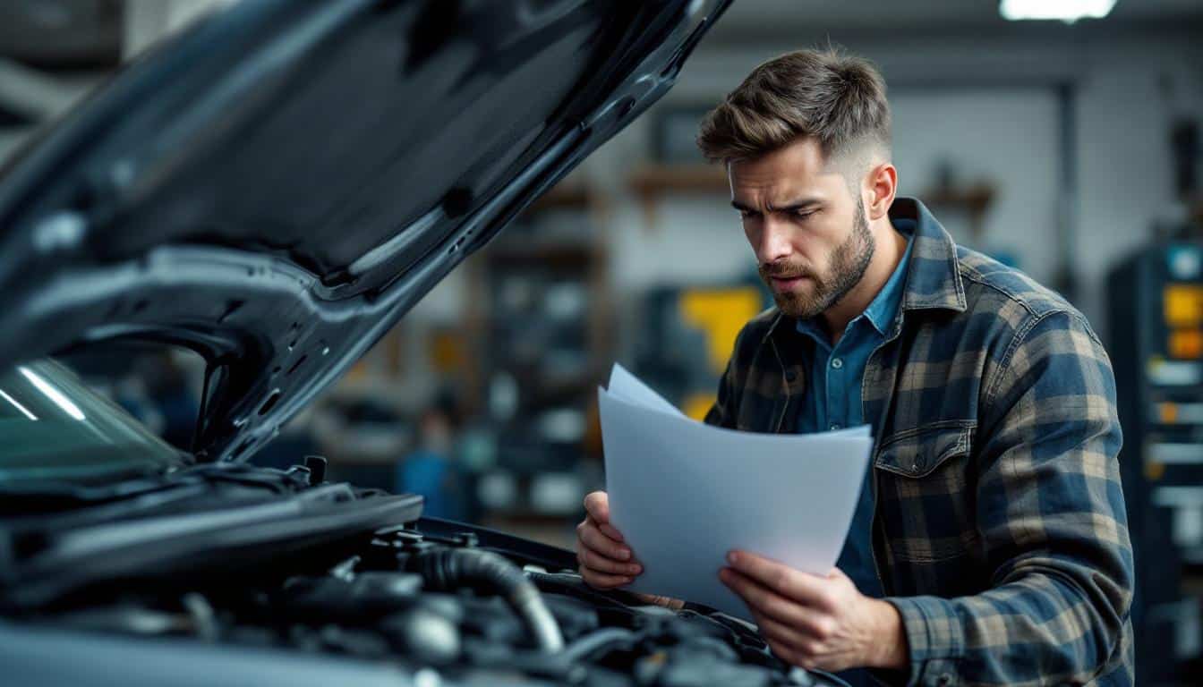 Reclama la avería de tu coche de segunda mano A photograph of a concerned car owner examining the engine of a second-hand car
