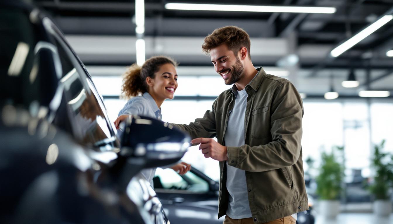 Tu primer coche: consejos antes de comprar A photograph of a young person joyfully inspecting a car at a dealership