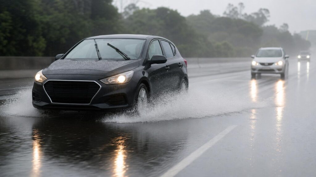 coche conduciendo bajo la lluvia
