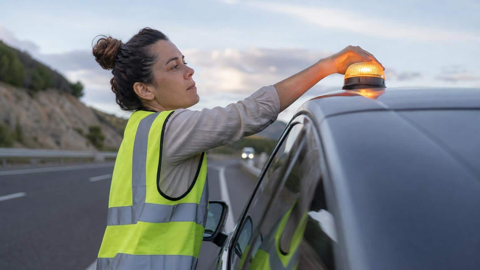 Woman in a reflective safety vest placing a flashing amber V16 emergency beacon on the roof of a car parked on a highway shoulder.