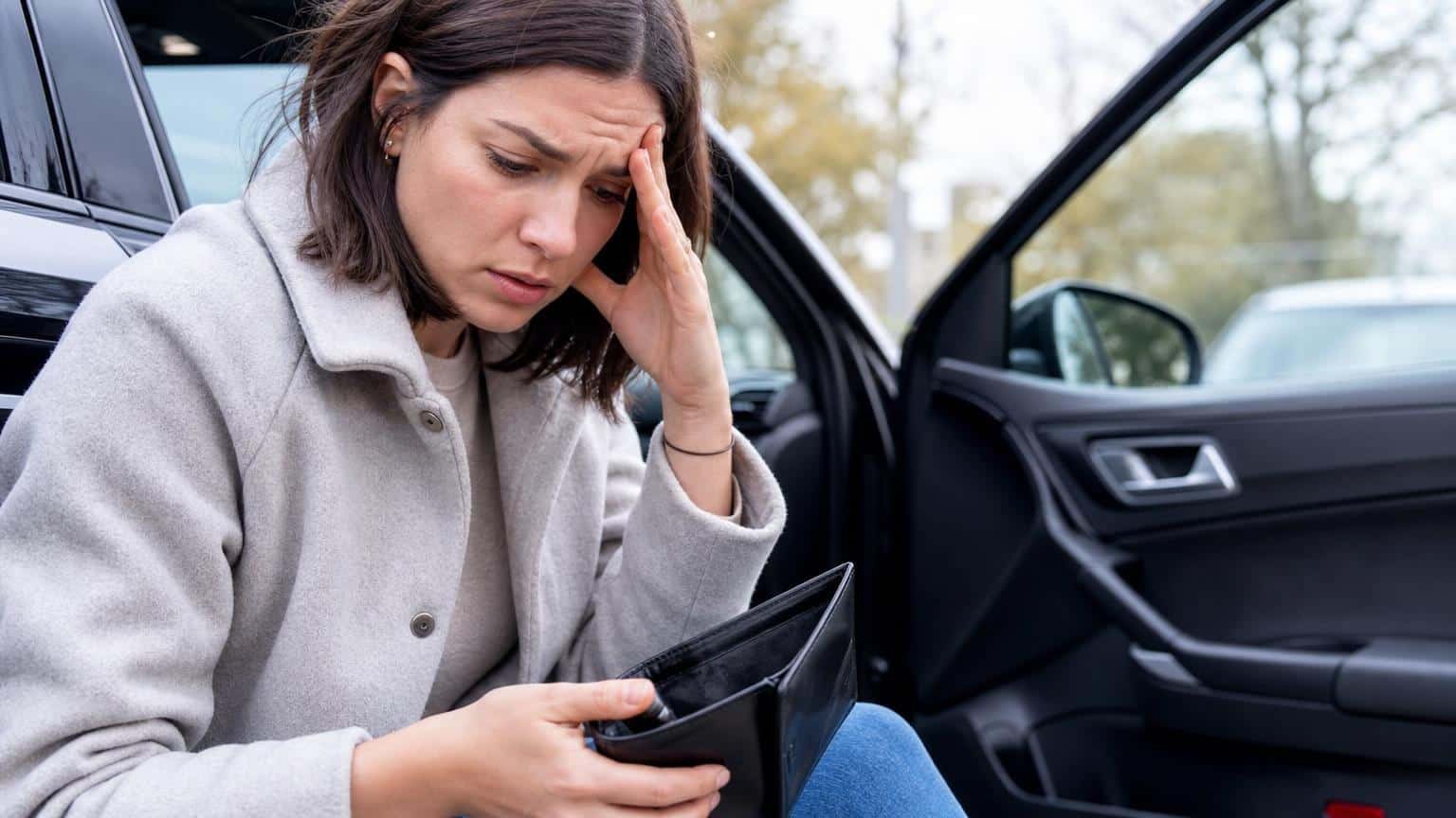mujer preocupada delante de coche