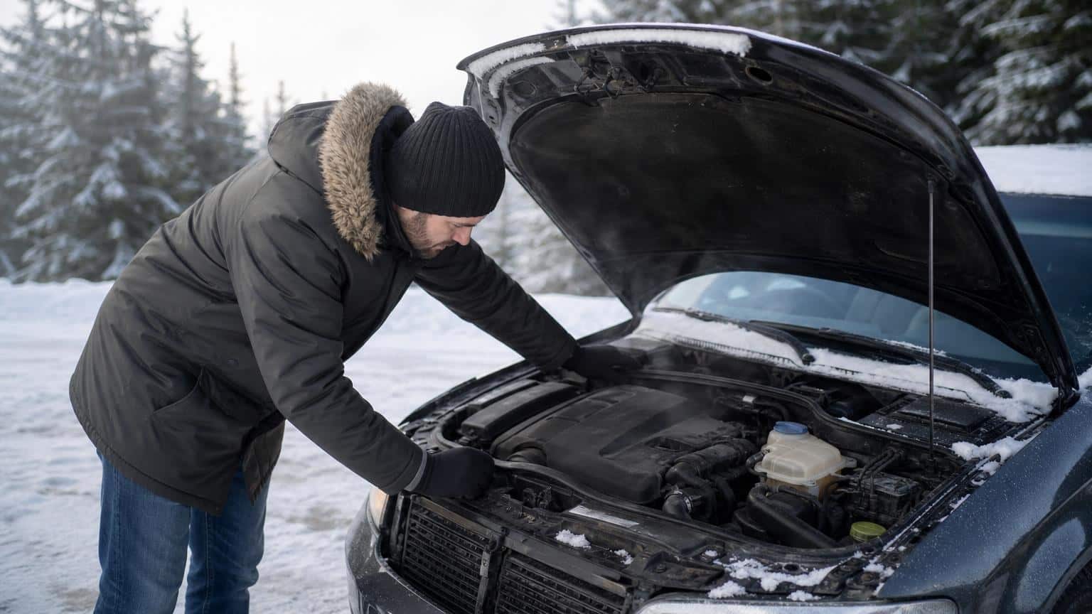 Man in a winter parka inspecting a steaming car engine with the hood open on a snowy roadside surrounded by pine trees.